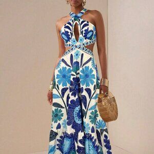 Blue Boho Women's Wave Wedding Cross Halter Neck Dress